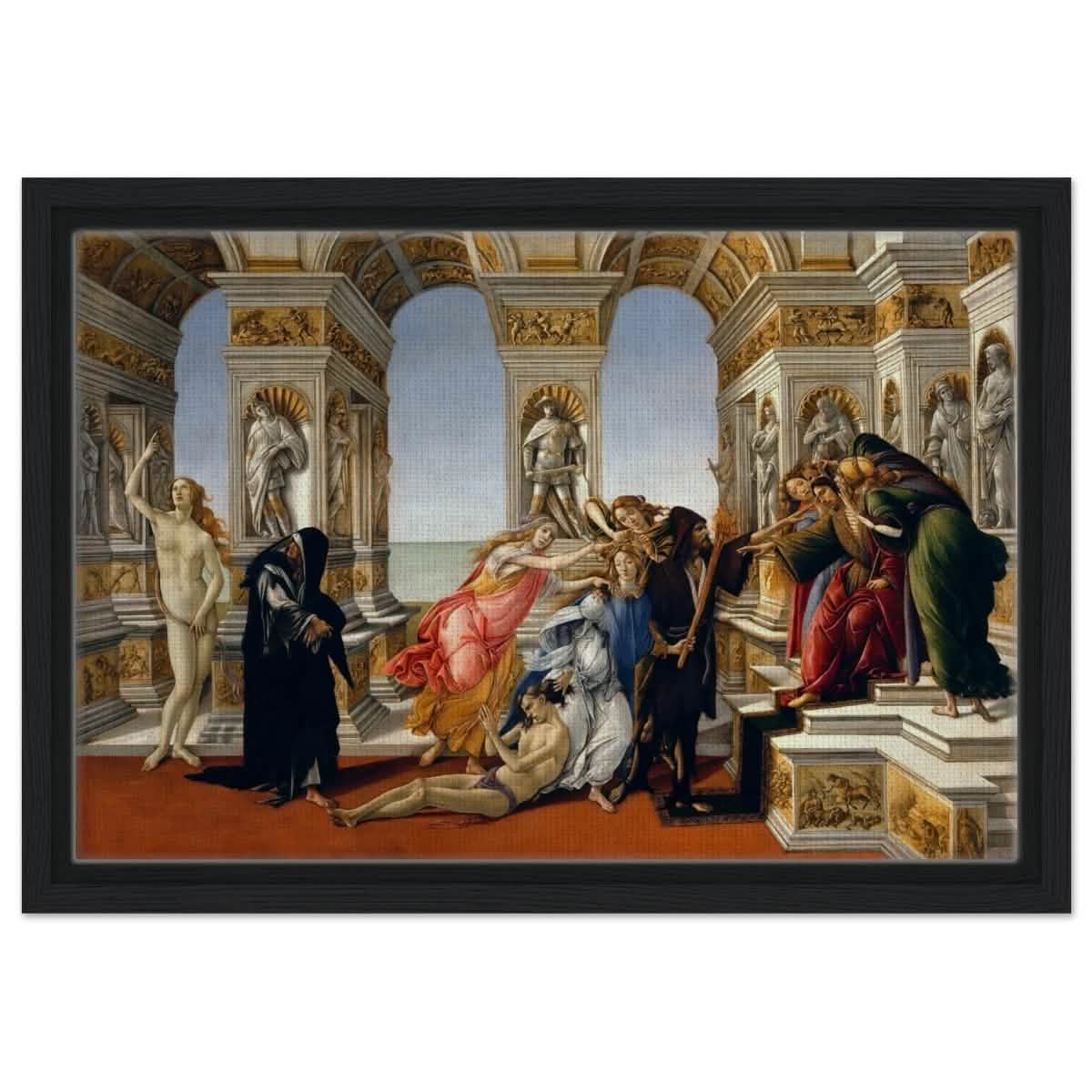 Calumny of Apelles by Sandro Botticelli 1495 | Vintage Art wall art print - Framed Canvas - 30x45 cm / 12x18″ - Black frame