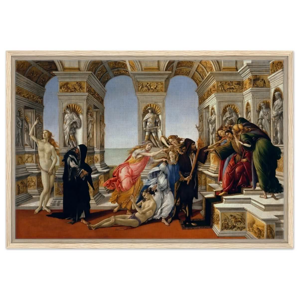 Calumny of Apelles by Sandro Botticelli 1495 | Vintage Art wall art print - Framed Canvas - 50x75 cm / 20x30″ - Wood frame