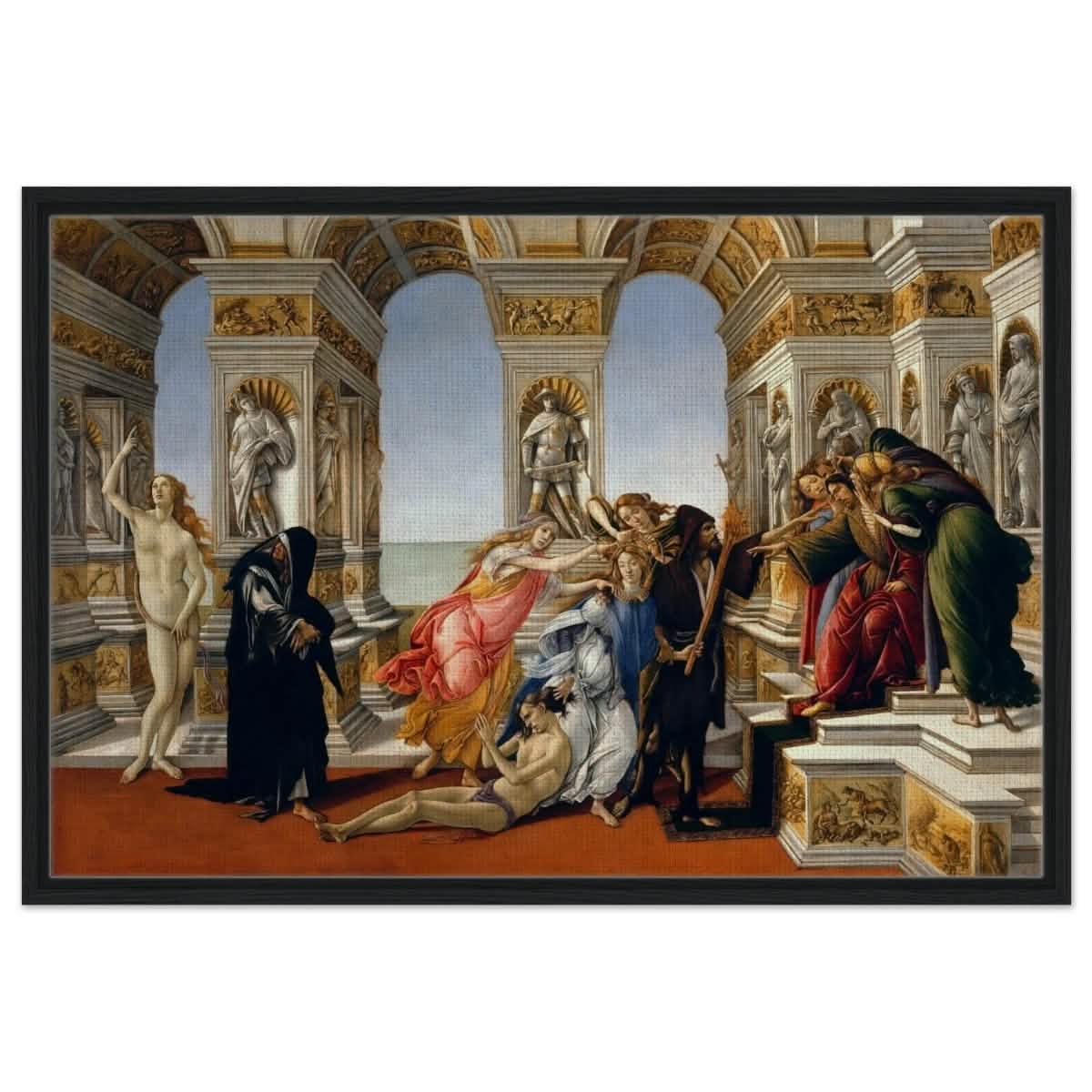 Calumny of Apelles by Sandro Botticelli 1495 | Vintage Art wall art print - Framed Canvas - 60x90 cm / 24x36″ - Black frame