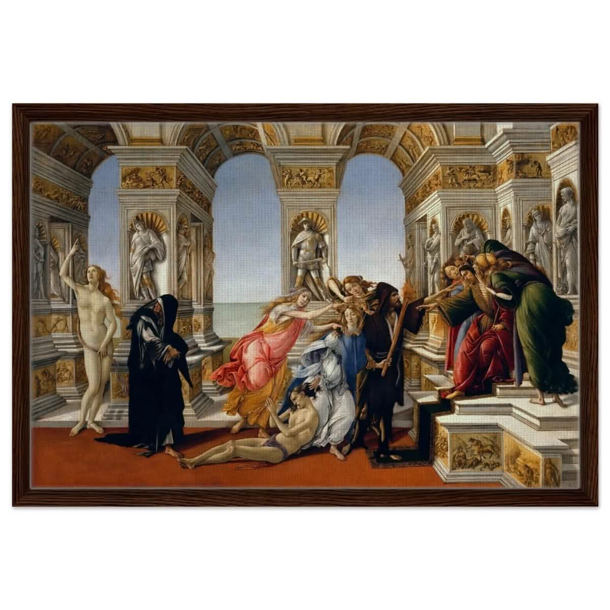 Calumny of Apelles by Sandro Botticelli 1495 | Vintage Art wall art print - Framed Canvas - 50x75 cm / 20x30″ - Dark wood frame