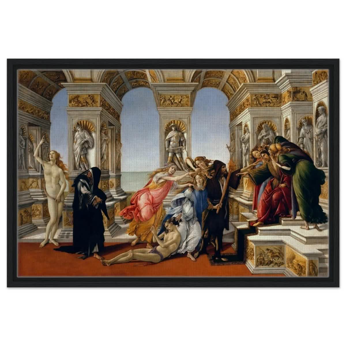 Calumny of Apelles by Sandro Botticelli 1495 | Vintage Art wall art print - Framed Canvas - 50x75 cm / 20x30″ - Black frame