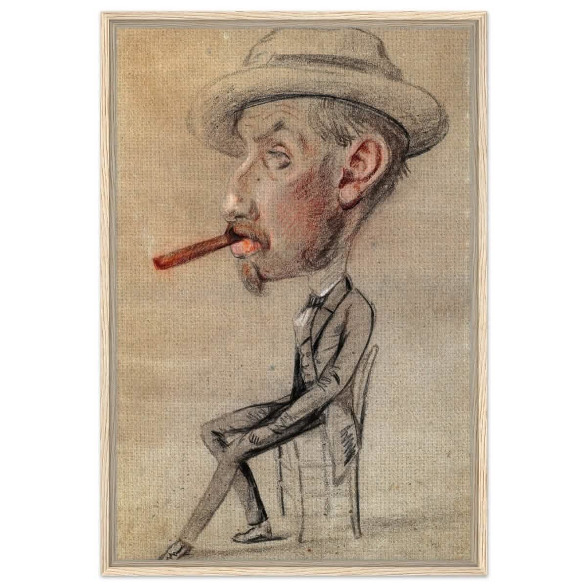 Caricature of a Man with a Big Cigar by Claude Monet | Vintage wall art print - Framed Canvas - 60x90 cm / 24x36″ - Wood frame