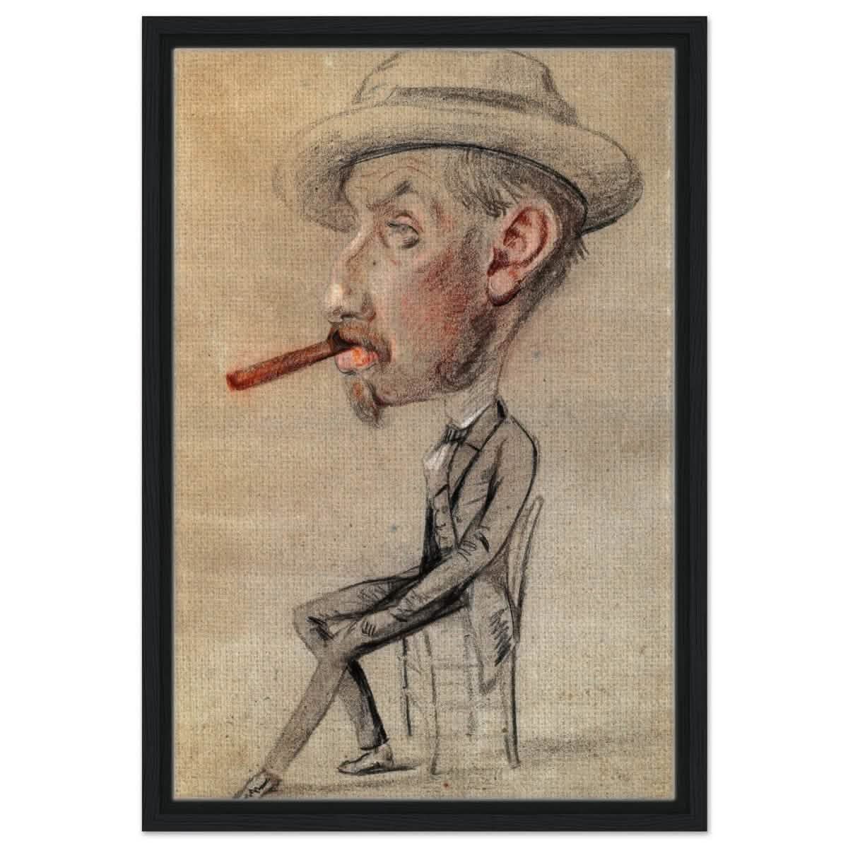 Caricature of a Man with a Big Cigar by Claude Monet | Vintage wall art print - Framed Canvas - 40x60 cm / 16x24″ - Black frame