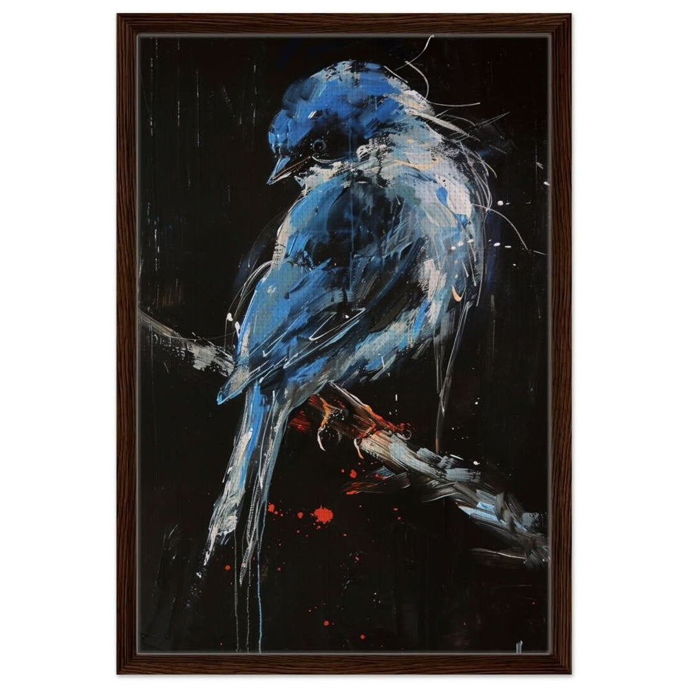 Celestial Bluebird | modern abstract wildlife wall art print - 50x75 cm / 20x30″ - Framed Canvas - Dark wood frame