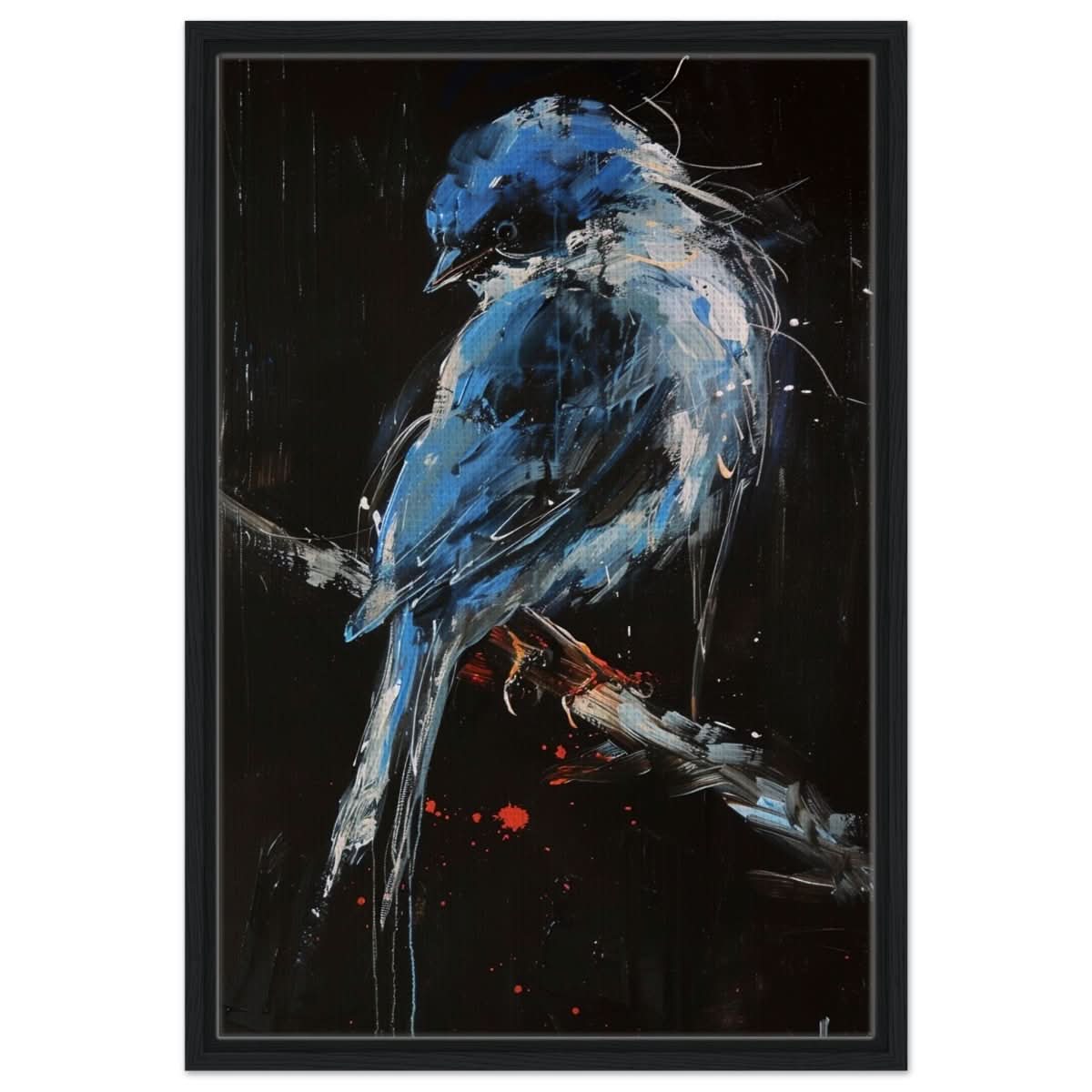 Celestial Bluebird | modern abstract wildlife wall art print - 50x75 cm / 20x30″ - Framed Canvas - Black frame