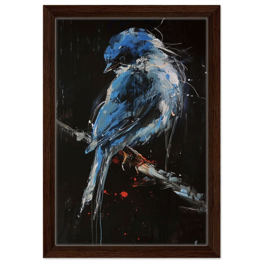 Celestial Bluebird | modern abstract wildlife wall art print - 30x45 cm / 12x18″ - Framed Canvas - Dark wood frame