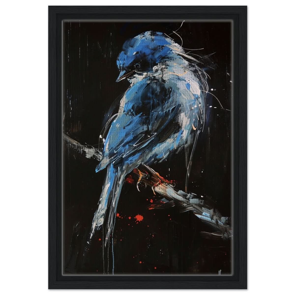 Celestial Bluebird | modern abstract wildlife wall art print - 30x45 cm / 12x18″ - Framed Canvas - Black frame