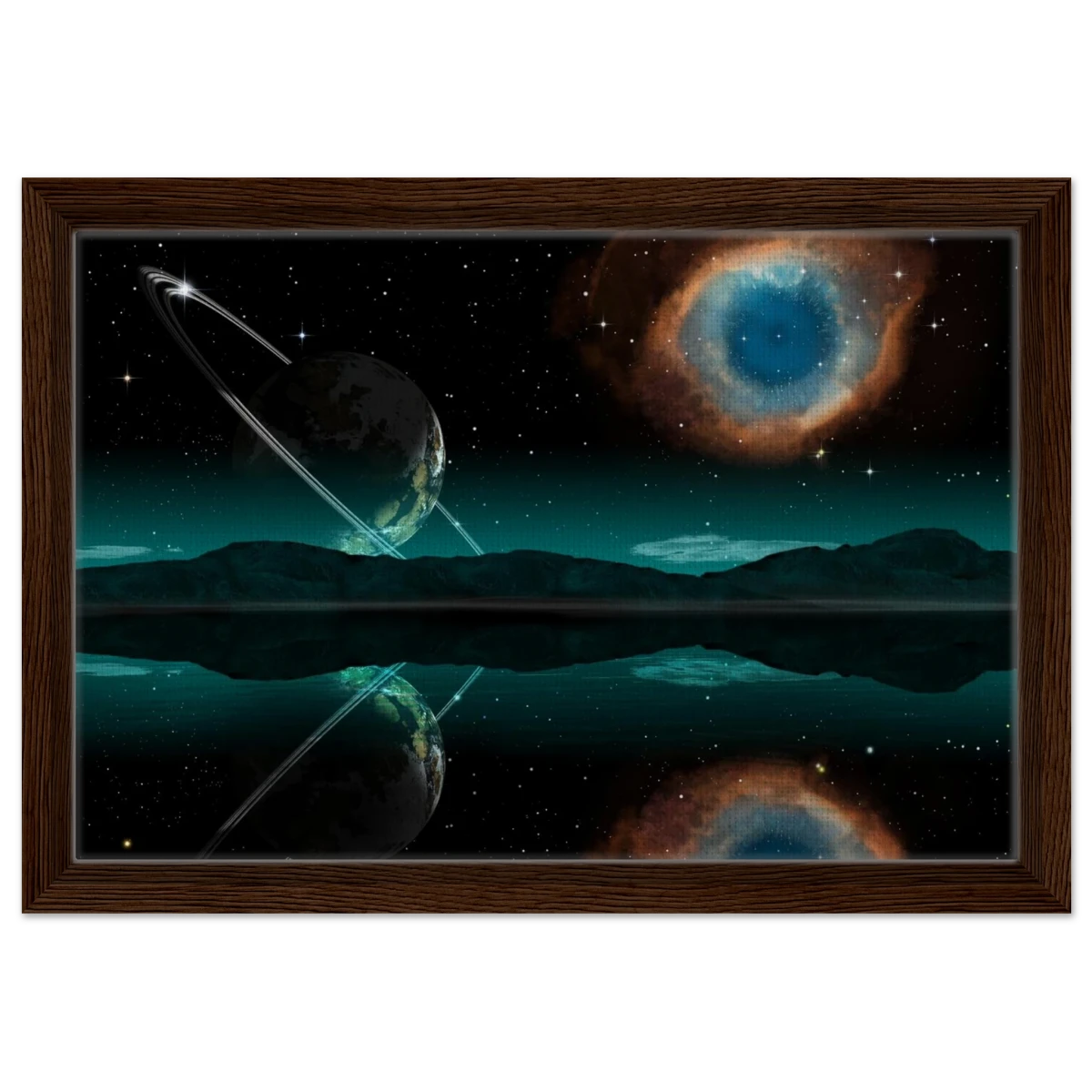 "Celestial Reflections" – A Portal Beyond the Stars | Wall art Print - Framed Canvas - 30x45 cm / 12x18″ - Dark wood frame