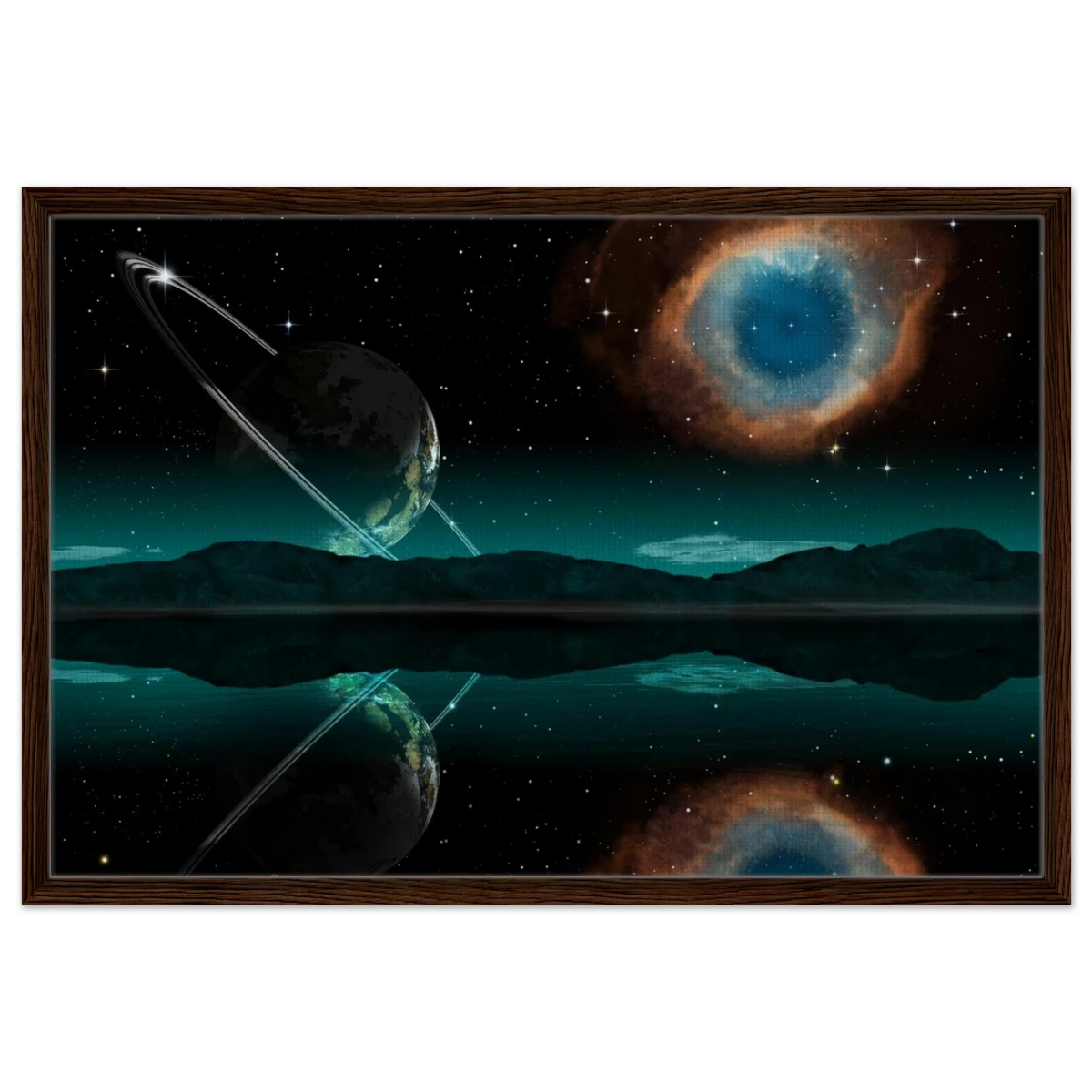 "Celestial Reflections" – A Portal Beyond the Stars | Wall art Print - Framed Canvas - 60x90 cm / 24x36″ - Dark wood frame