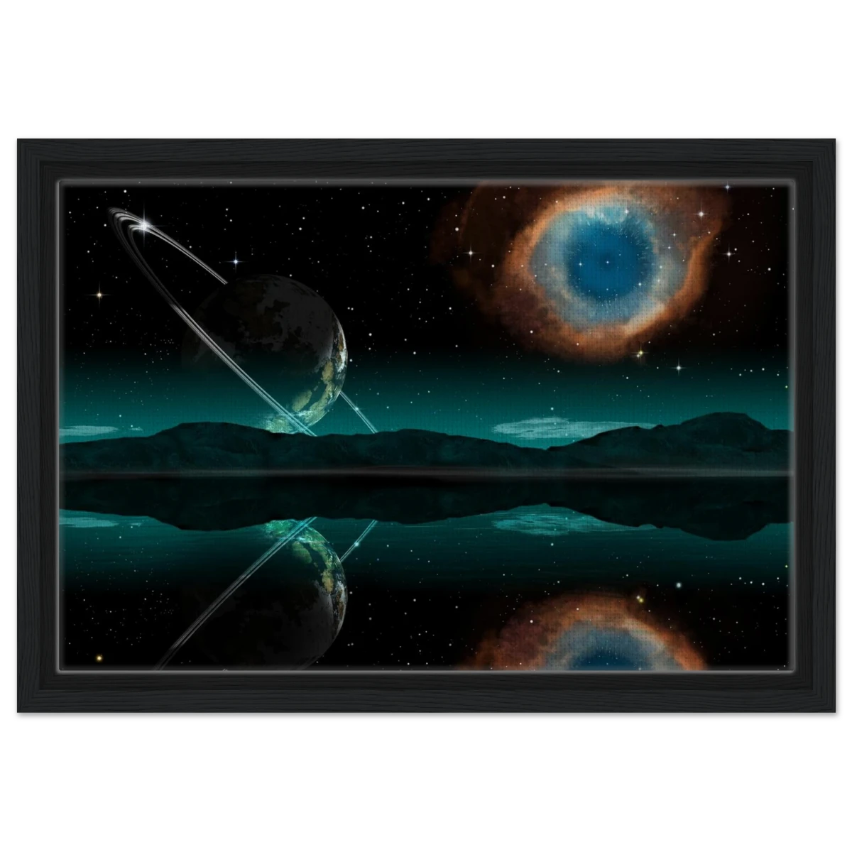 "Celestial Reflections" – A Portal Beyond the Stars | Wall art Print - Framed Canvas - 30x45 cm / 12x18″ - Black frame