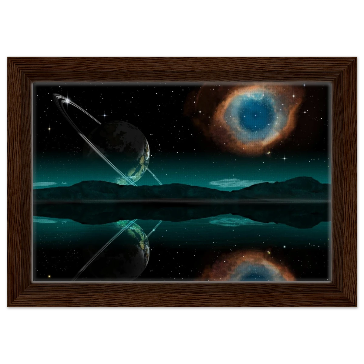 "Celestial Reflections" – A Portal Beyond the Stars | Wall art Print - Framed Canvas - 20x30 cm / 8x12″ - Dark wood frame