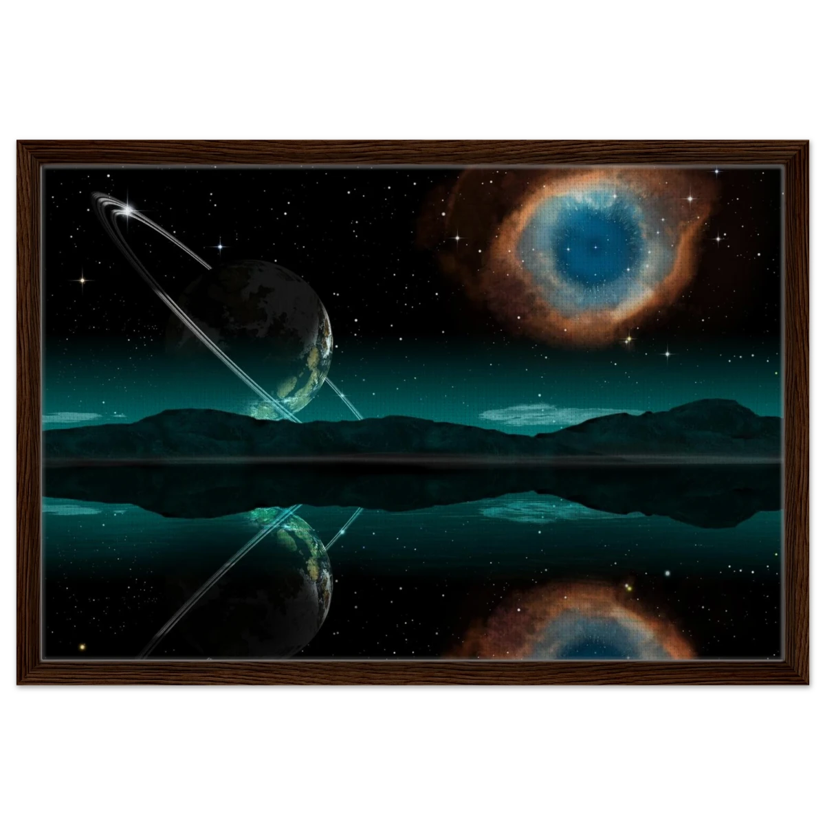 "Celestial Reflections" – A Portal Beyond the Stars | Wall art Print - Framed Canvas - 50x75 cm / 20x30″ - Dark wood frame
