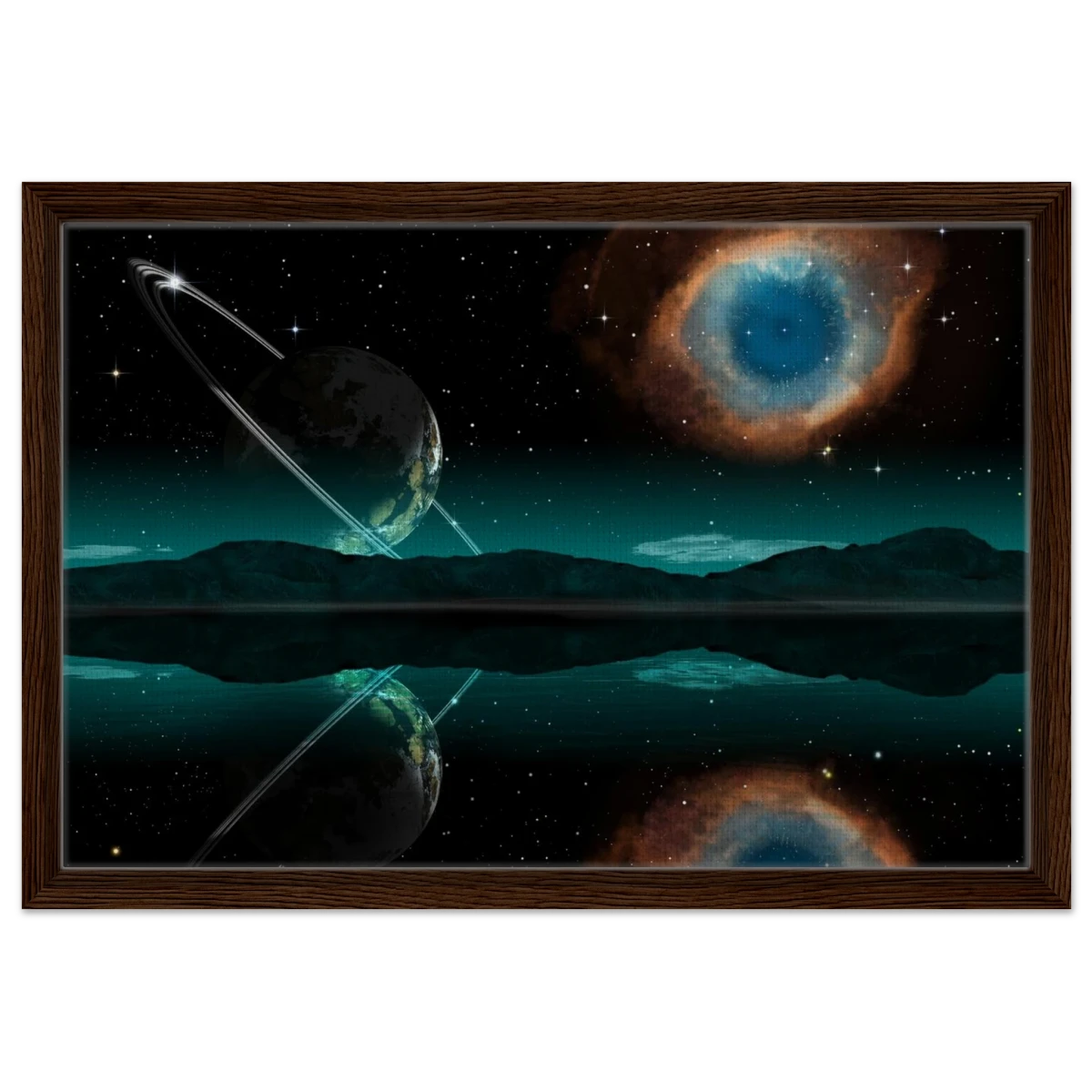 "Celestial Reflections" – A Portal Beyond the Stars | Wall art Print - Framed Canvas - 40x60 cm / 16x24″ - Dark wood frame