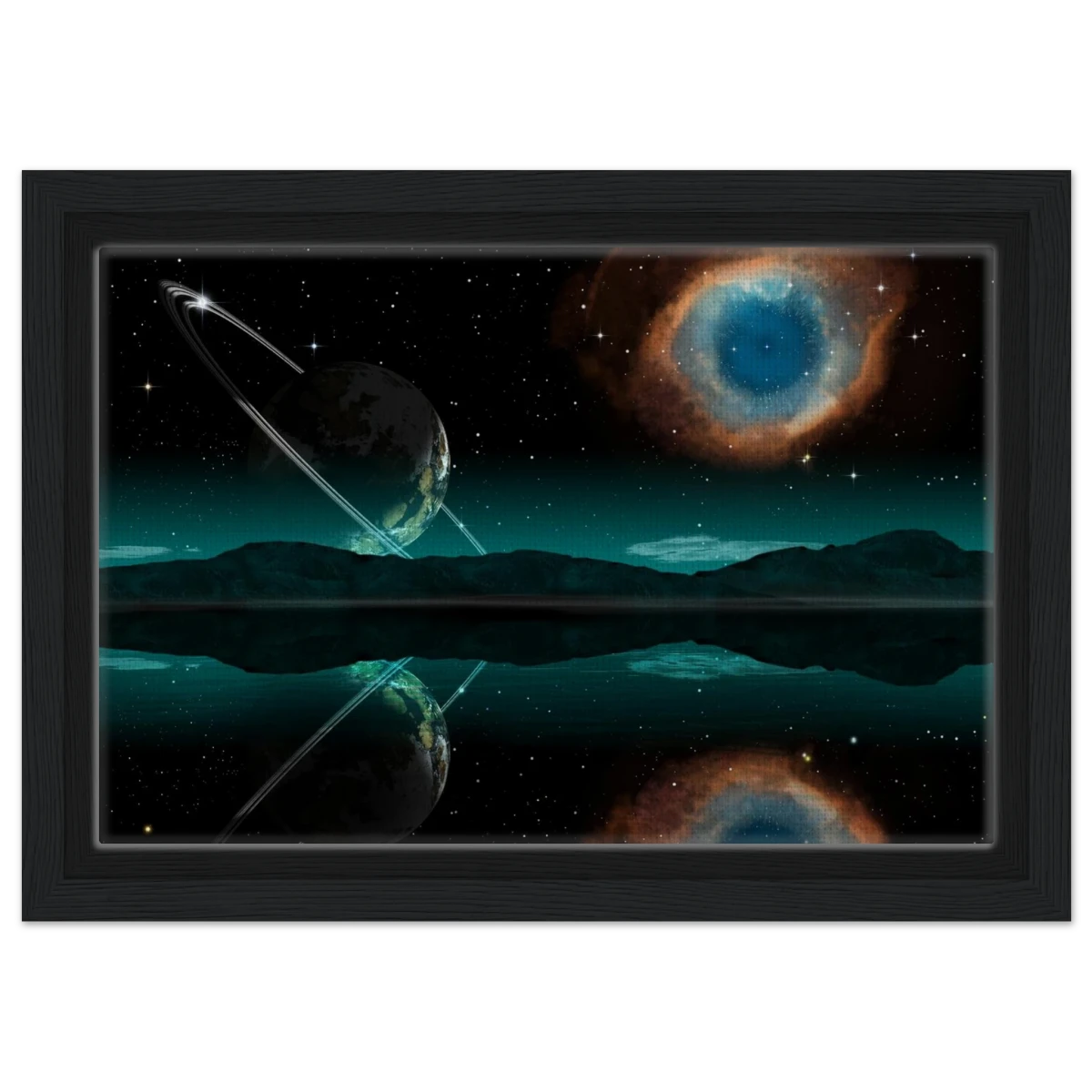 "Celestial Reflections" – A Portal Beyond the Stars | Wall art Print - Framed Canvas - 20x30 cm / 8x12″ - Black frame