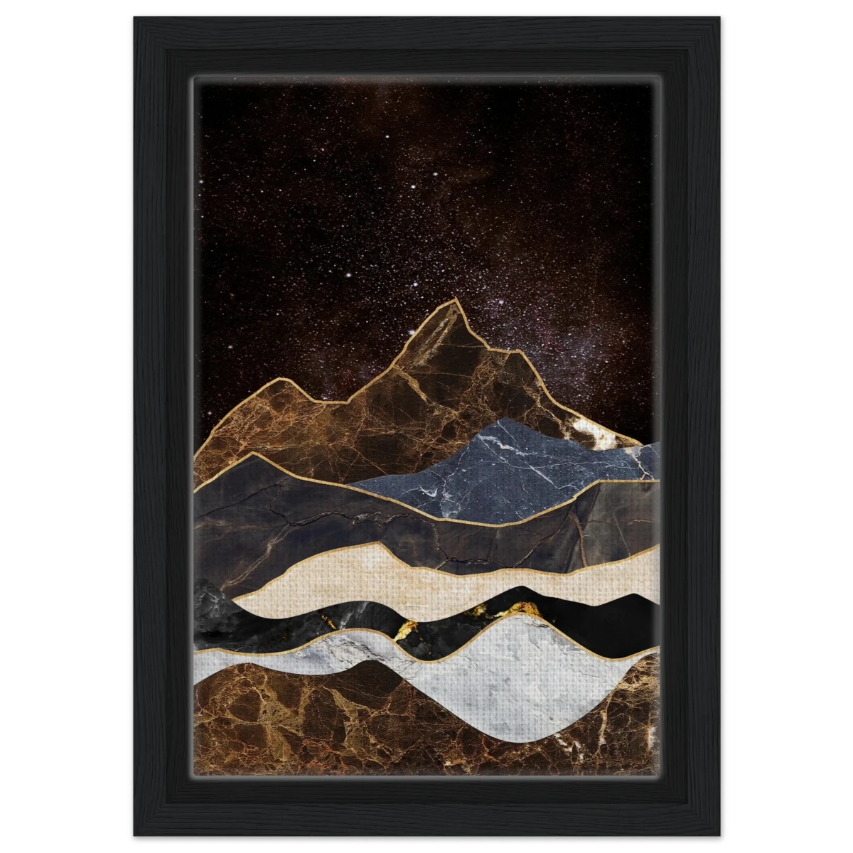"Celestial Ridges" – Marbled Mountain Majesty | Wall Art Print - Framed Canvas - 20x30 cm / 8x12″ - Black frame