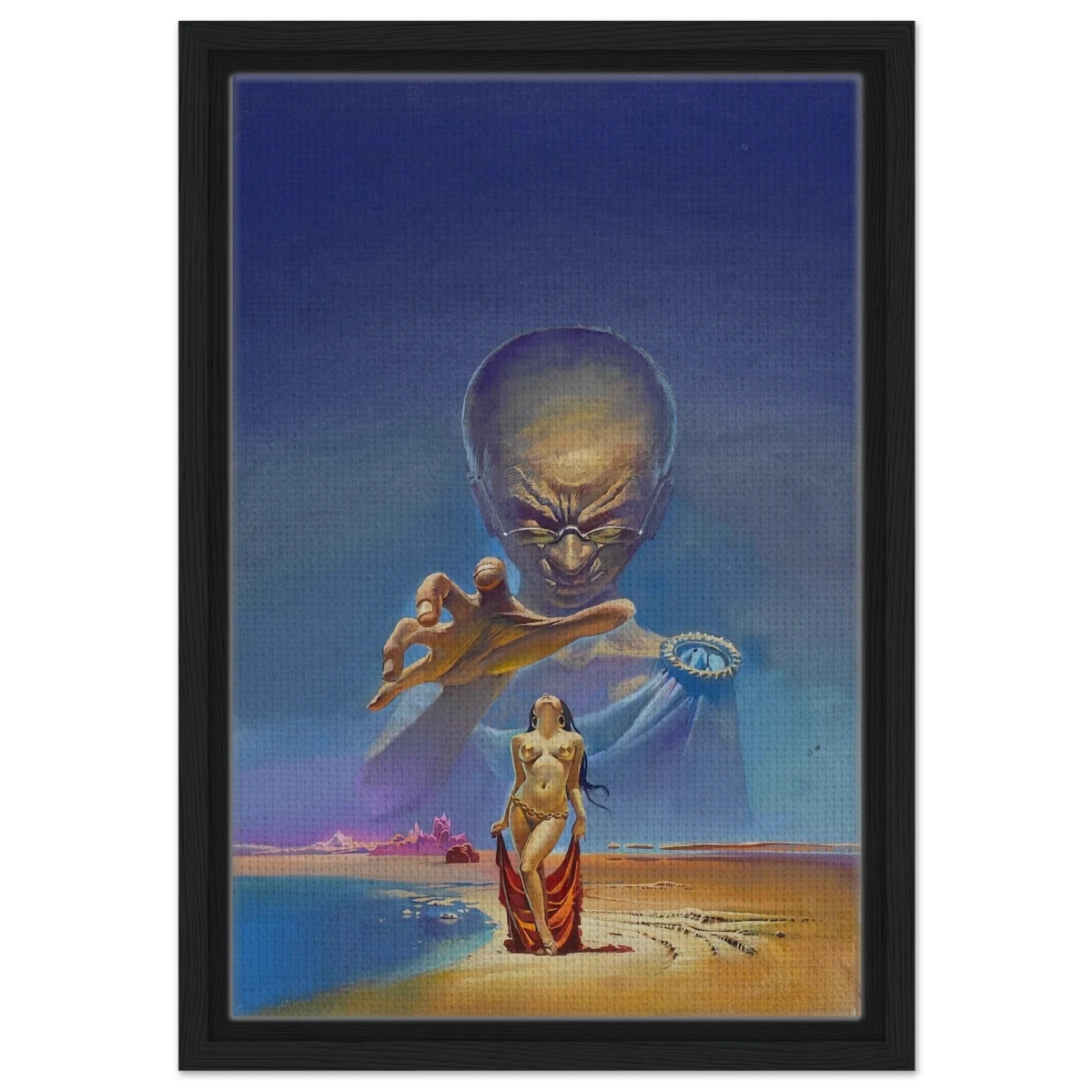 "Celestial Seduction" – Surreal Retro Sci - Fi Fantasy | Vintage Wall Art Print - Framed Canvas - 30x45 cm / 12x18″ - Black frame