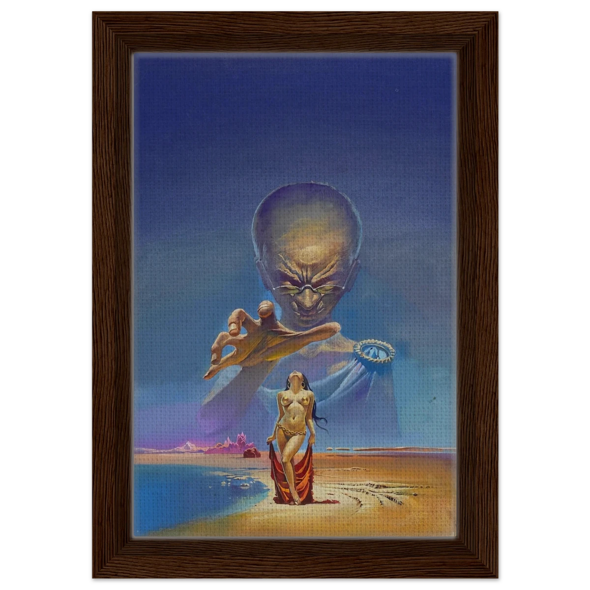 "Celestial Seduction" – Surreal Retro Sci - Fi Fantasy | Vintage Wall Art Print - Framed Canvas - 20x30 cm / 8x12″ - Dark wood frame