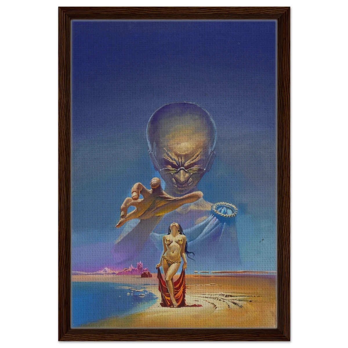 "Celestial Seduction" – Surreal Retro Sci - Fi Fantasy | Vintage Wall Art Print - Framed Canvas - 40x60 cm / 16x24″ - Dark wood frame