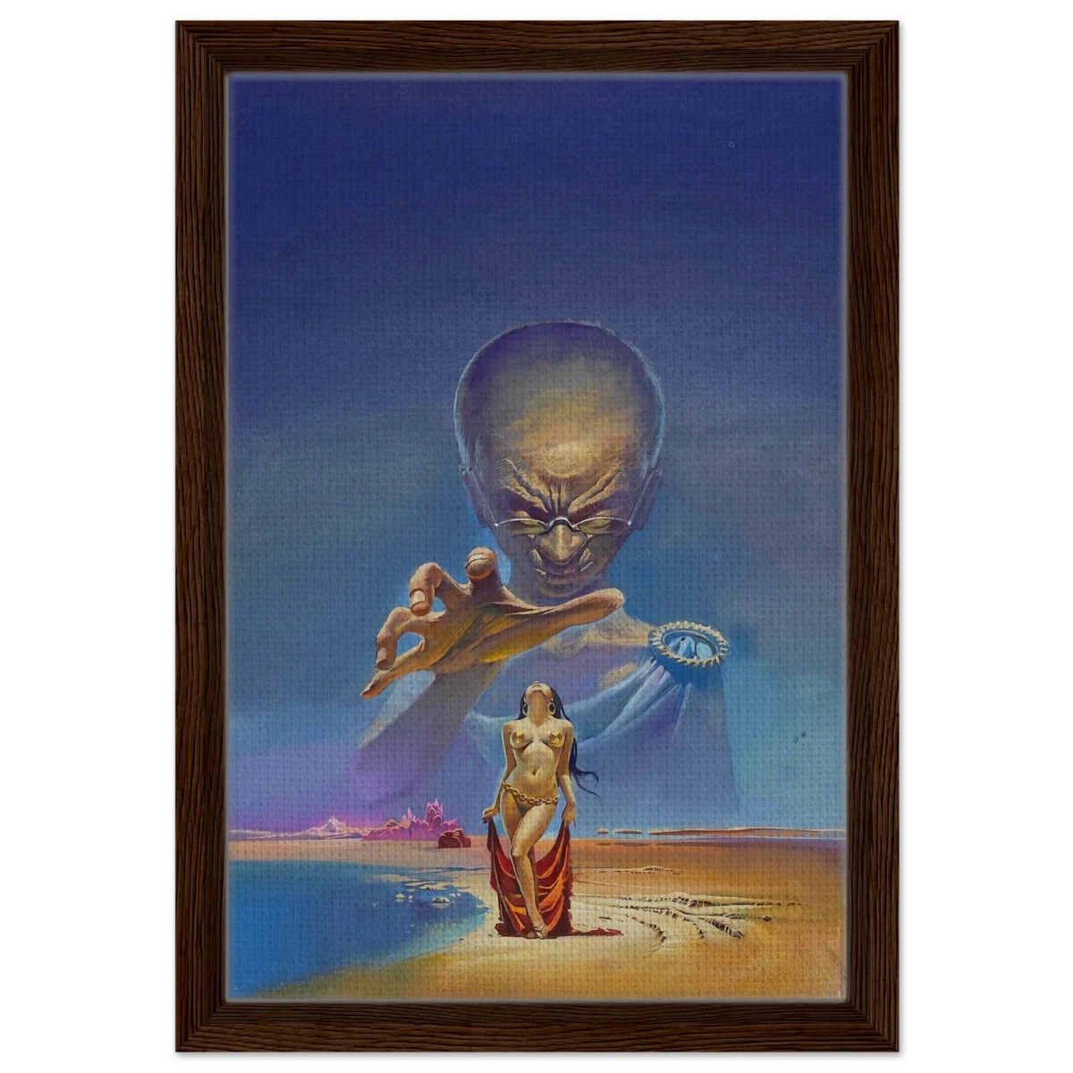 "Celestial Seduction" – Surreal Retro Sci - Fi Fantasy | Vintage Wall Art Print - Framed Canvas - 30x45 cm / 12x18″ - Dark wood frame