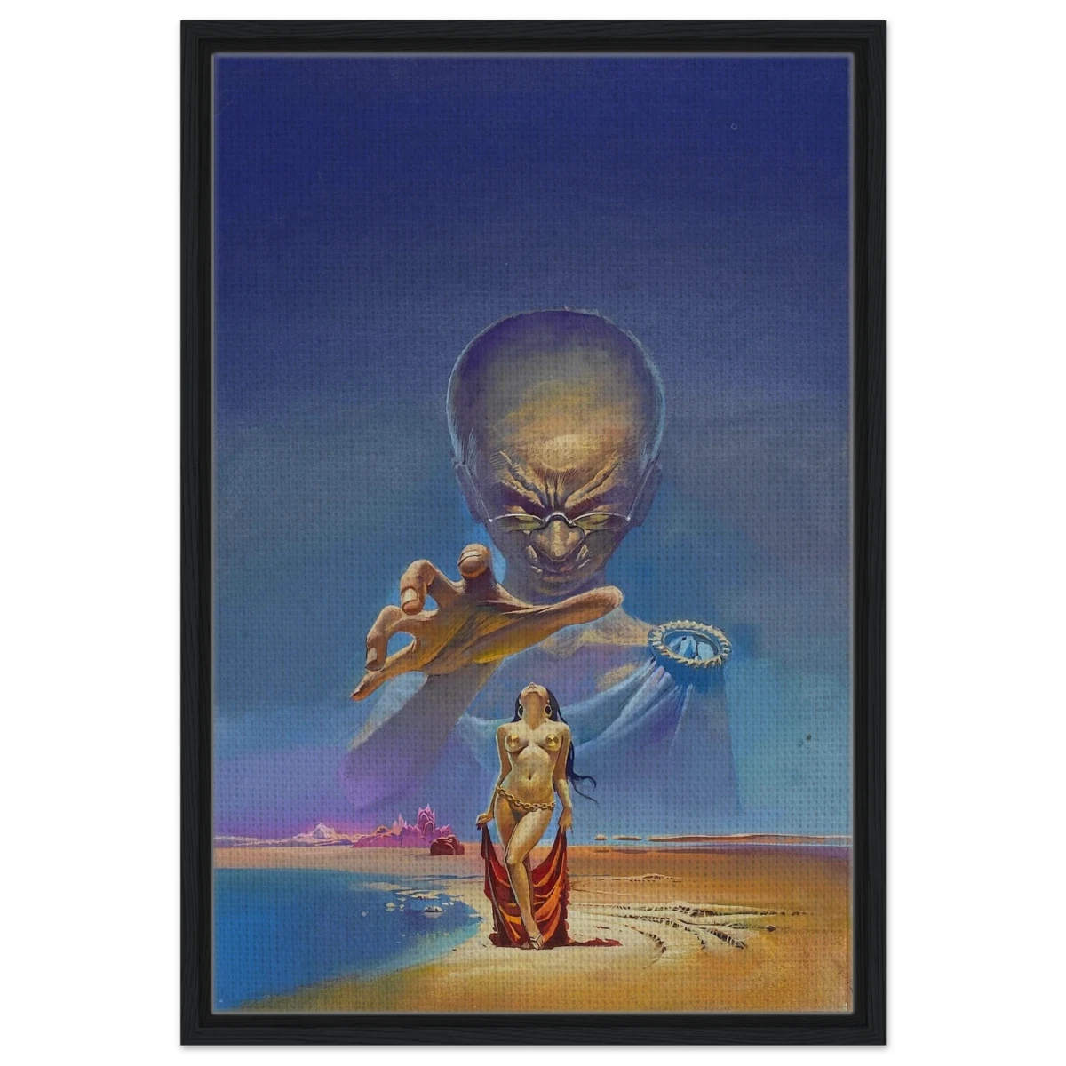 "Celestial Seduction" – Surreal Retro Sci - Fi Fantasy | Vintage Wall Art Print - Framed Canvas - 50x75 cm / 20x30″ - Black frame