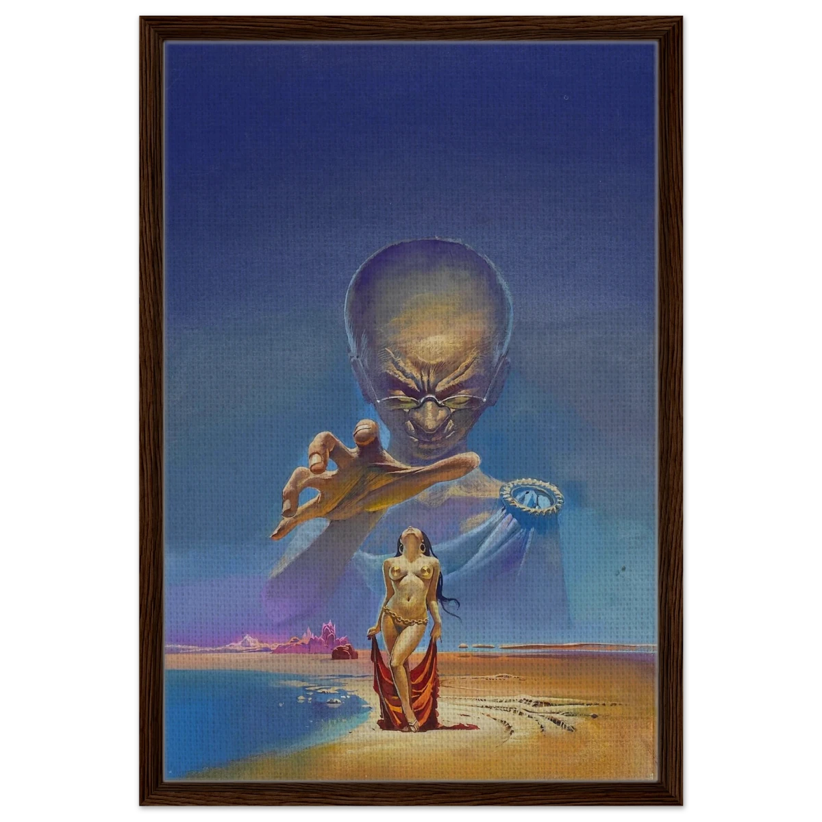 "Celestial Seduction" – Surreal Retro Sci - Fi Fantasy | Vintage Wall Art Print - Framed Canvas - 50x75 cm / 20x30″ - Dark wood frame