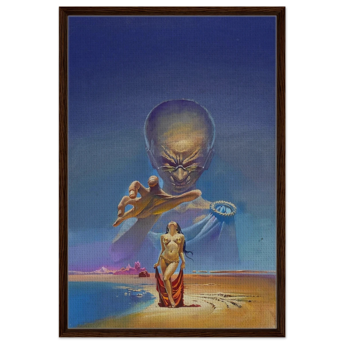 "Celestial Seduction" – Surreal Retro Sci - Fi Fantasy | Vintage Wall Art Print - Framed Canvas - 60x90 cm / 24x36″ - Dark wood frame
