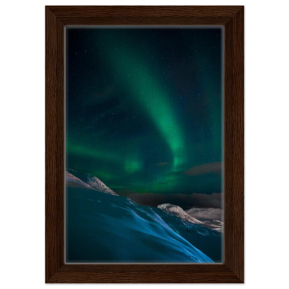 "Celestial Veil" – Dancing Lights Over Arctic Silence Fine Art Photography | Northern Lights Wall Art Print - Framed Canvas - 20x30 cm / 8x12″ - Dark wood frame