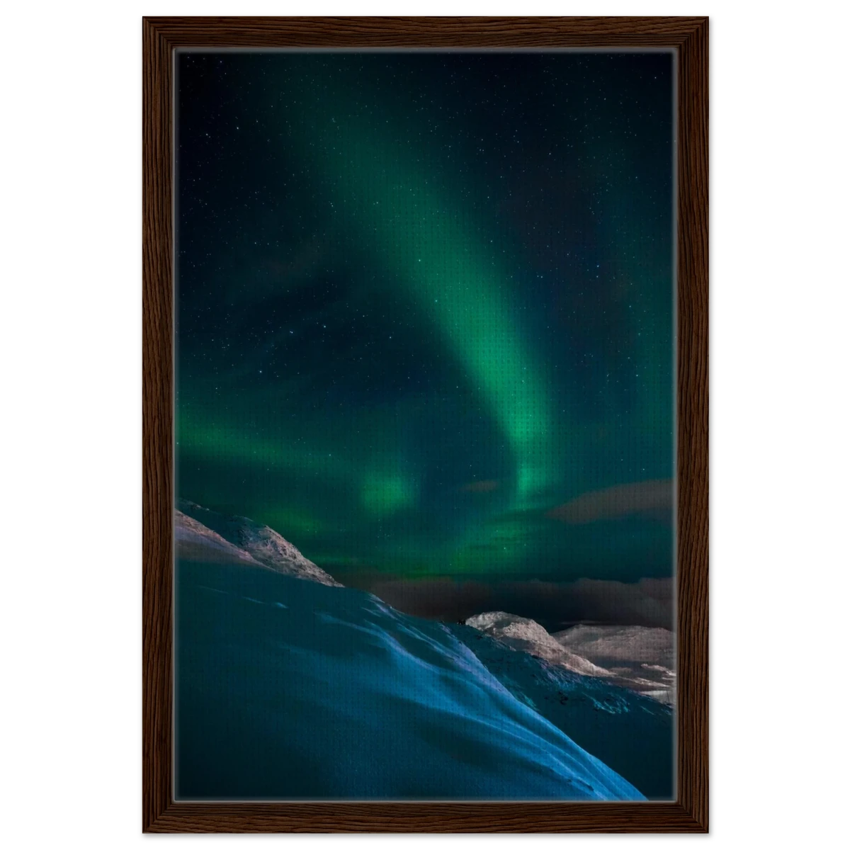 "Celestial Veil" – Dancing Lights Over Arctic Silence Fine Art Photography | Northern Lights Wall Art Print - Framed Canvas - 40x60 cm / 16x24″ - Dark wood frame