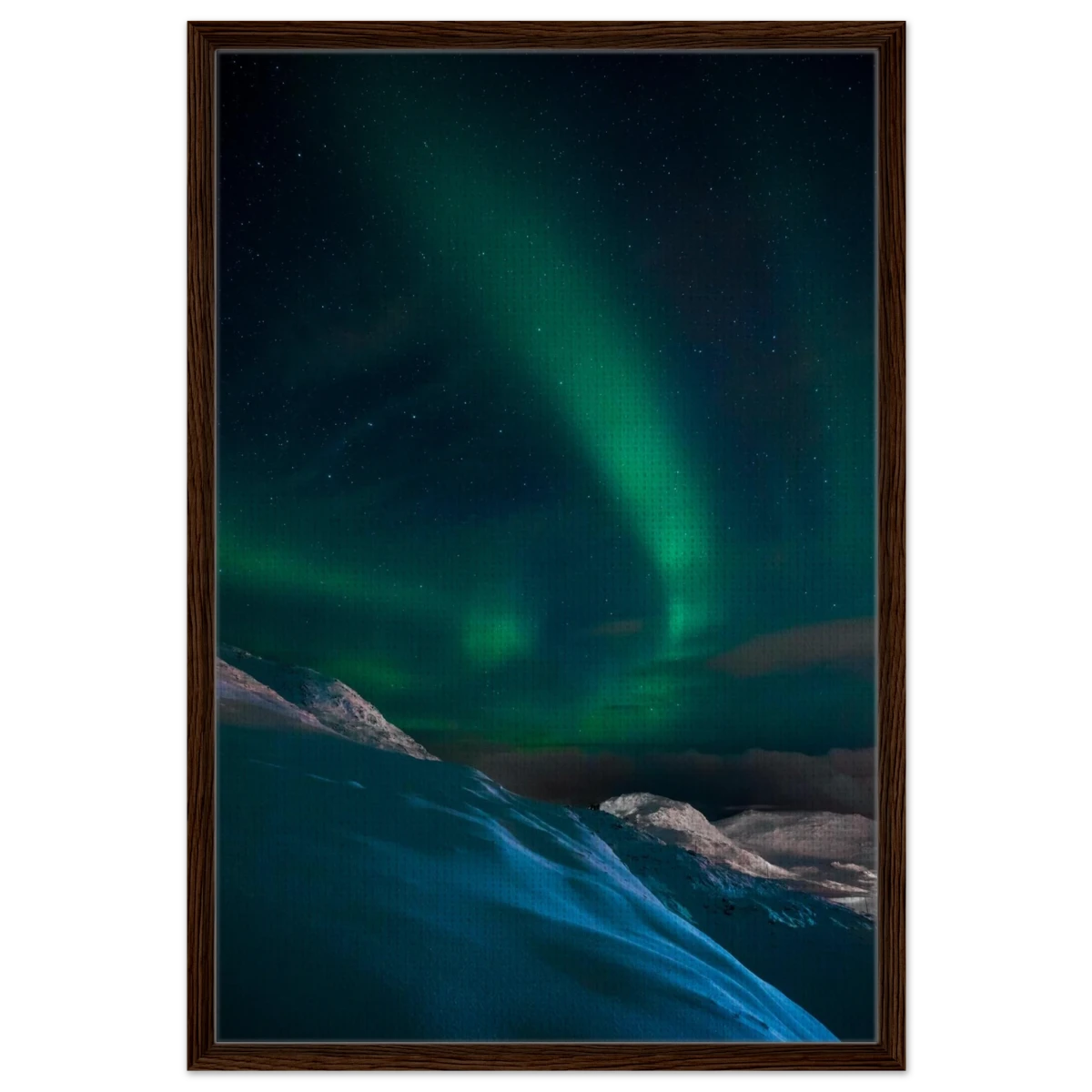 "Celestial Veil" – Dancing Lights Over Arctic Silence Fine Art Photography | Northern Lights Wall Art Print - Framed Canvas - 60x90 cm / 24x36″ - Dark wood frame