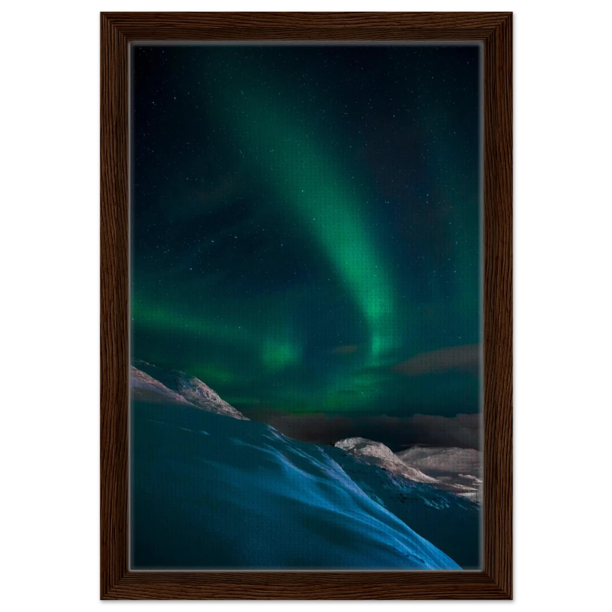 "Celestial Veil" – Dancing Lights Over Arctic Silence Fine Art Photography | Northern Lights Wall Art Print - Framed Canvas - 30x45 cm / 12x18″ - Dark wood frame