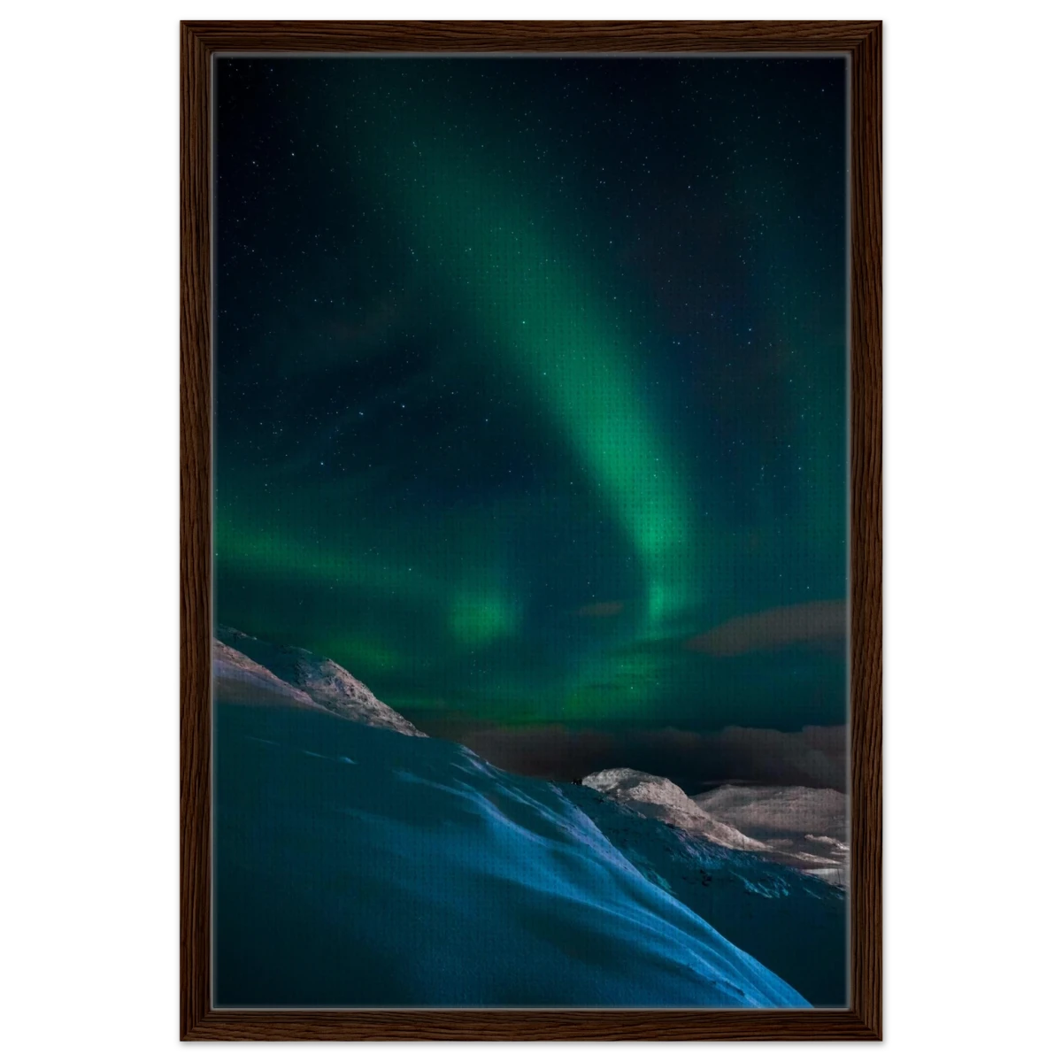 "Celestial Veil" – Dancing Lights Over Arctic Silence Fine Art Photography | Northern Lights Wall Art Print - Framed Canvas - 50x75 cm / 20x30″ - Dark wood frame