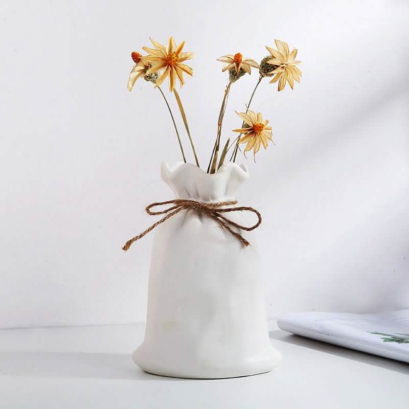 Ceramic Lucky Bag Vase – Modern Decorative Flower Vases for Home & Office - Medium Lucky Bag - White -