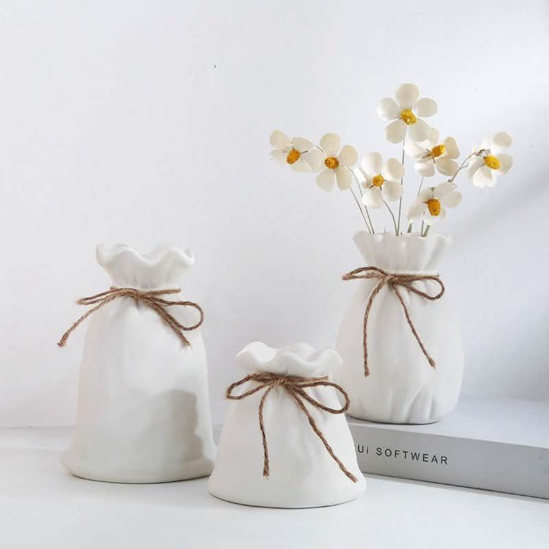 Ceramic Lucky Bag Vase – Modern Decorative Flower Vases for Home & Office - Medium Lucky Bag - White -