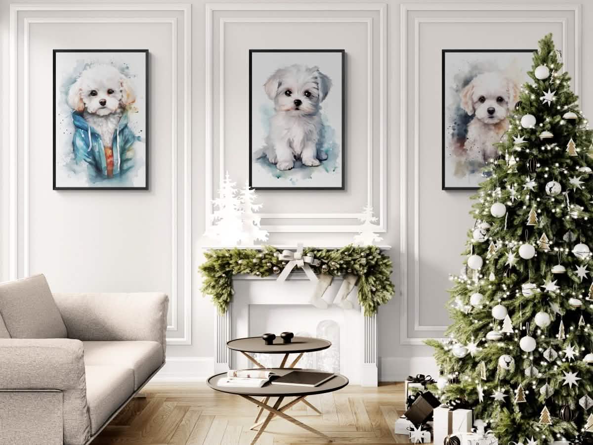Charming Trio: Watercolor Maltese Puppy - Canvas - 30X45 CM / 12X18″ -