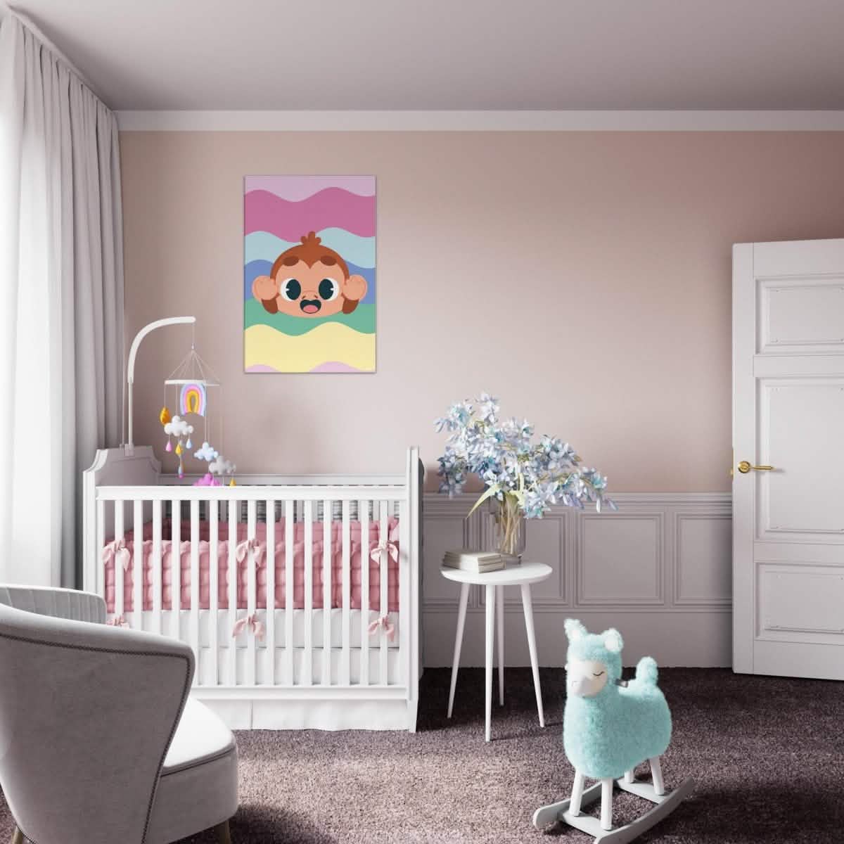 Cheeky Waves | Kids Room Baby Monkey Canvas Wall Art – Immersive Nursery Decor with Enhanced Texture - 60x90 cm / 24x36″ - Design Option 3 -