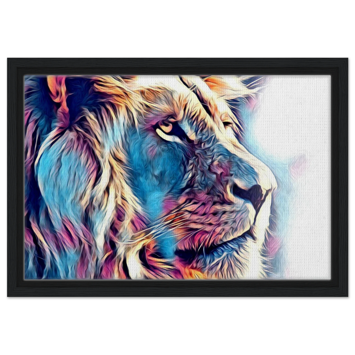Chromatic King – Vibrant Abstract Lion Wall Art Print - Framed Canvas - 30x45 cm / 12x18″ - Black frame