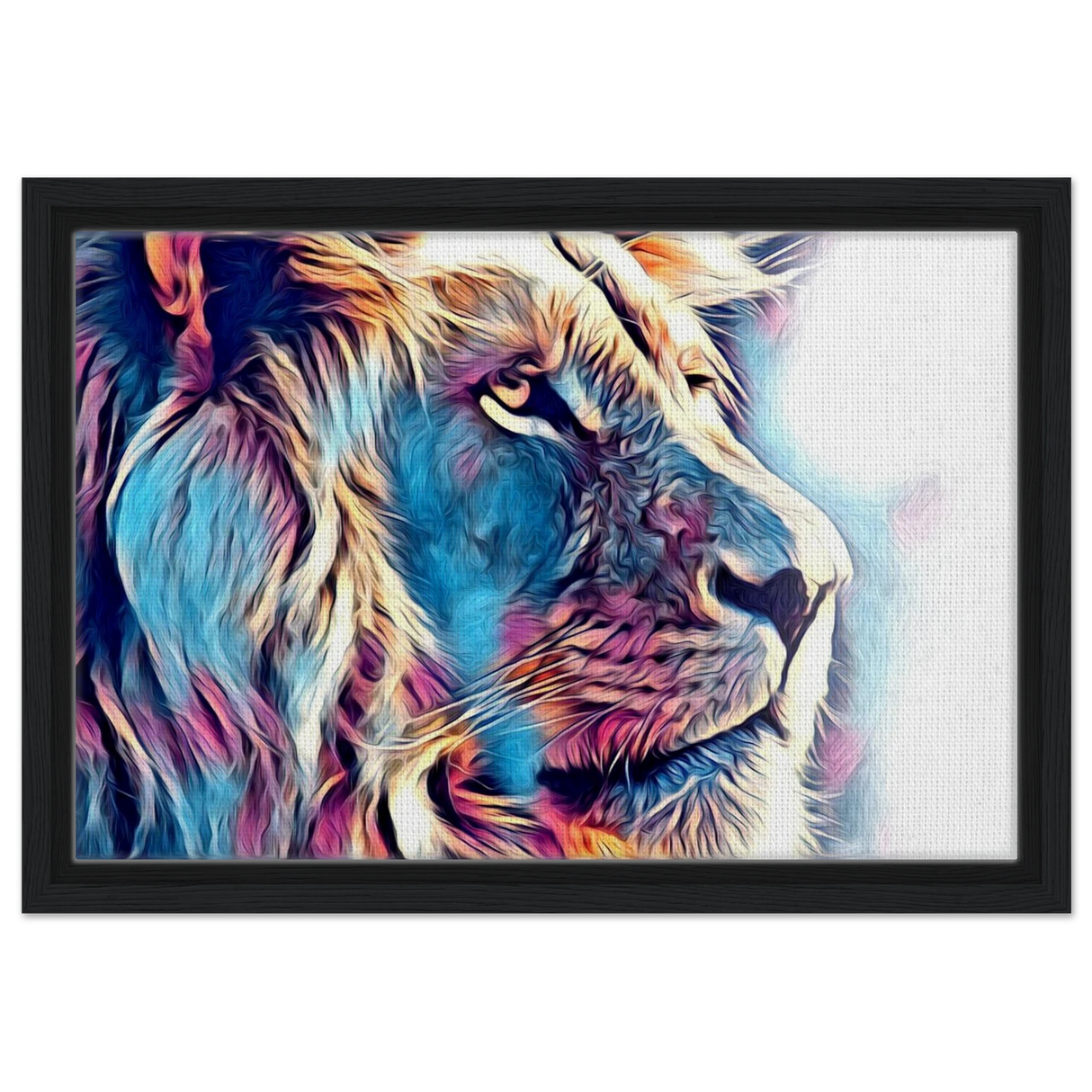 Chromatic King – Vibrant Abstract Lion Wall Art Print - Framed Canvas - 30x45 cm / 12x18″ - Black frame