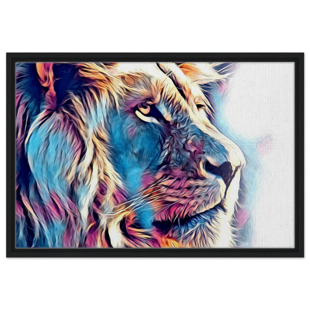 Chromatic King – Vibrant Abstract Lion Wall Art Print - Framed Canvas - 50x75 cm / 20x30″ - Black frame