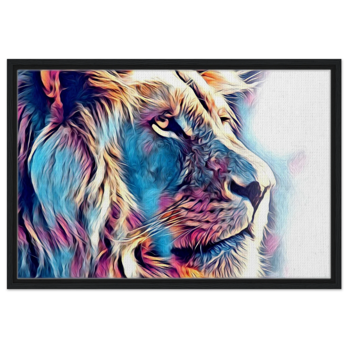 Chromatic King – Vibrant Abstract Lion Wall Art Print - Framed Canvas - 50x75 cm / 20x30″ - Black frame