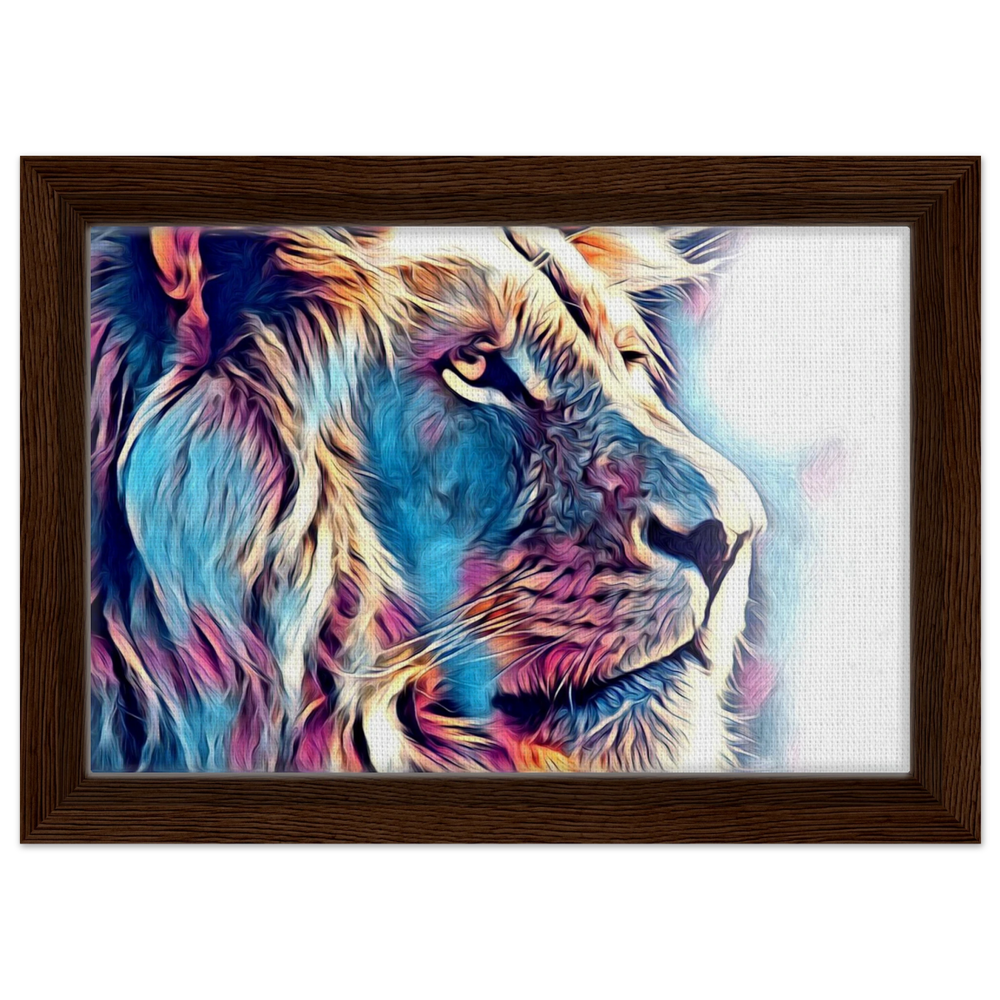 Chromatic King – Vibrant Abstract Lion Wall Art Print - Framed Canvas - 20x30 cm / 8x12″ - Dark wood frame