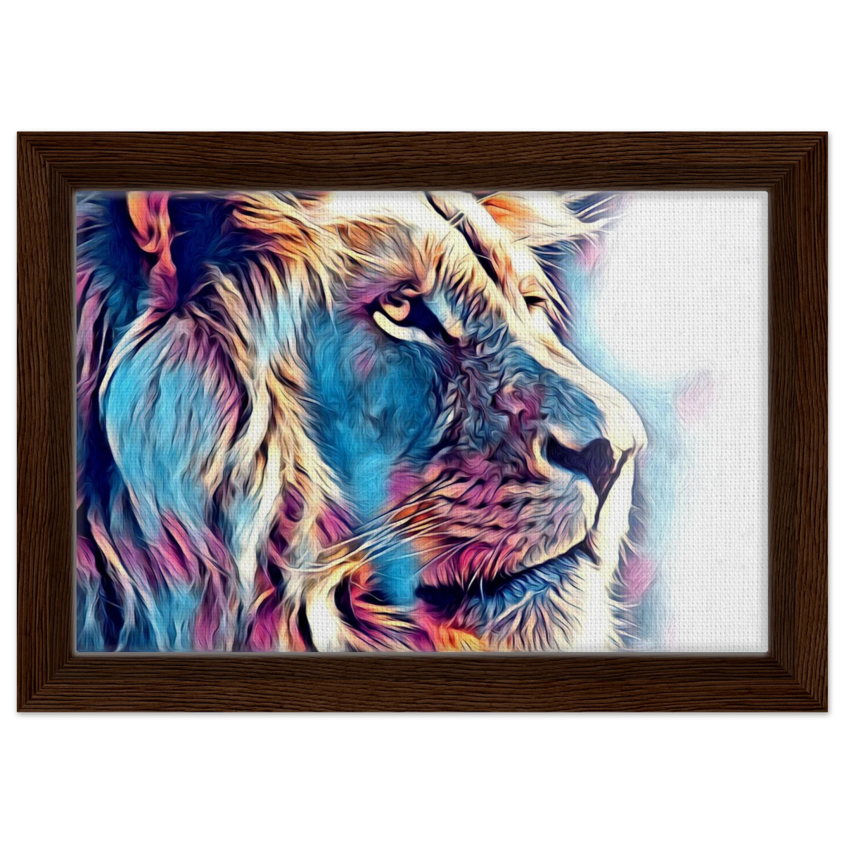 Chromatic King – Vibrant Abstract Lion Wall Art Print - Framed Canvas - 20x30 cm / 8x12″ - Dark wood frame