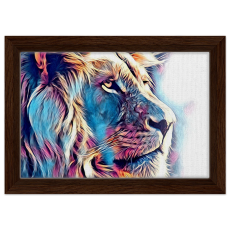 Chromatic King – Vibrant Abstract Lion Wall Art Print - Framed Canvas - 20x30 cm / 8x12″ - Dark wood frame