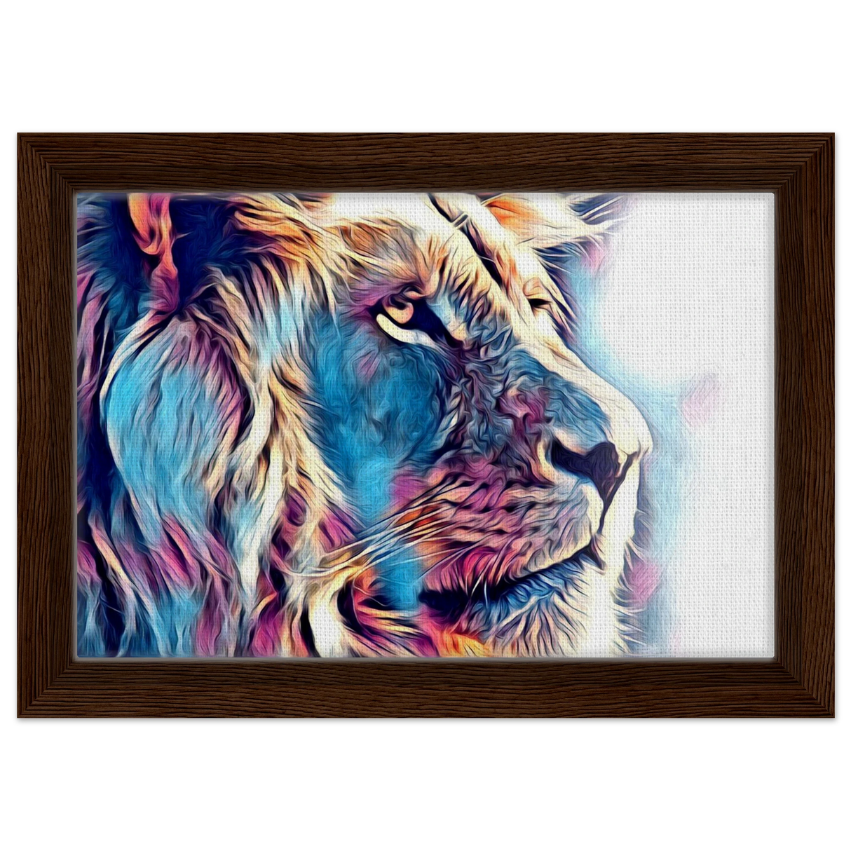 Chromatic King – Vibrant Abstract Lion Wall Art Print - Framed Canvas - 20x30 cm / 8x12″ - Dark wood frame