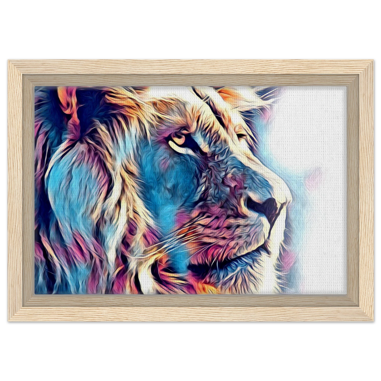 Chromatic King – Vibrant Abstract Lion Wall Art Print - Framed Canvas - 20x30 cm / 8x12″ - Wood frame