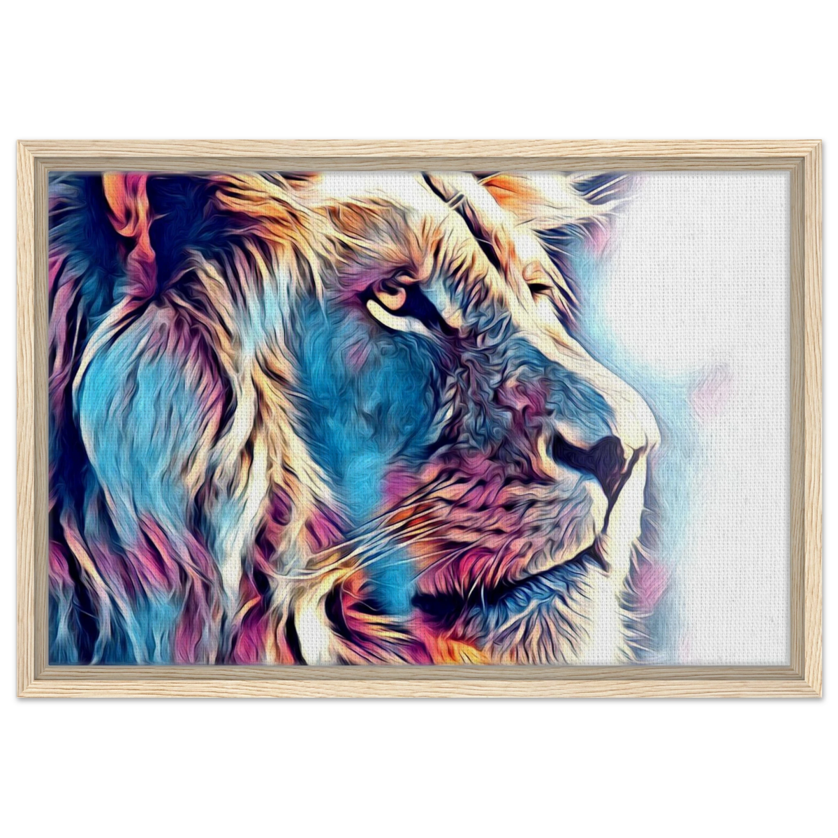 Chromatic King – Vibrant Abstract Lion Wall Art Print - Framed Canvas - 40x60 cm / 16x24″ - Wood frame
