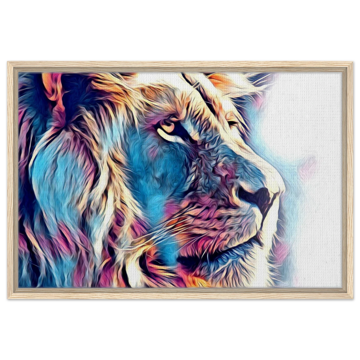 Chromatic King – Vibrant Abstract Lion Wall Art Print - Framed Canvas - 50x75 cm / 20x30″ - Wood frame