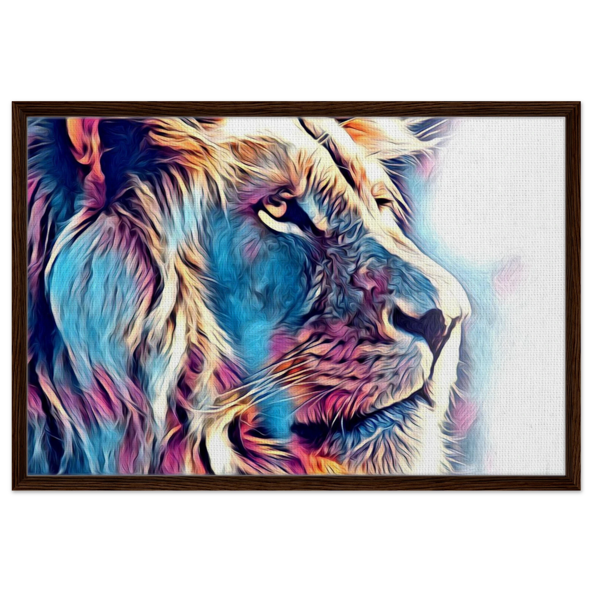 Chromatic King – Vibrant Abstract Lion Wall Art Print - Framed Canvas - 60x90 cm / 24x36″ - Dark wood frame