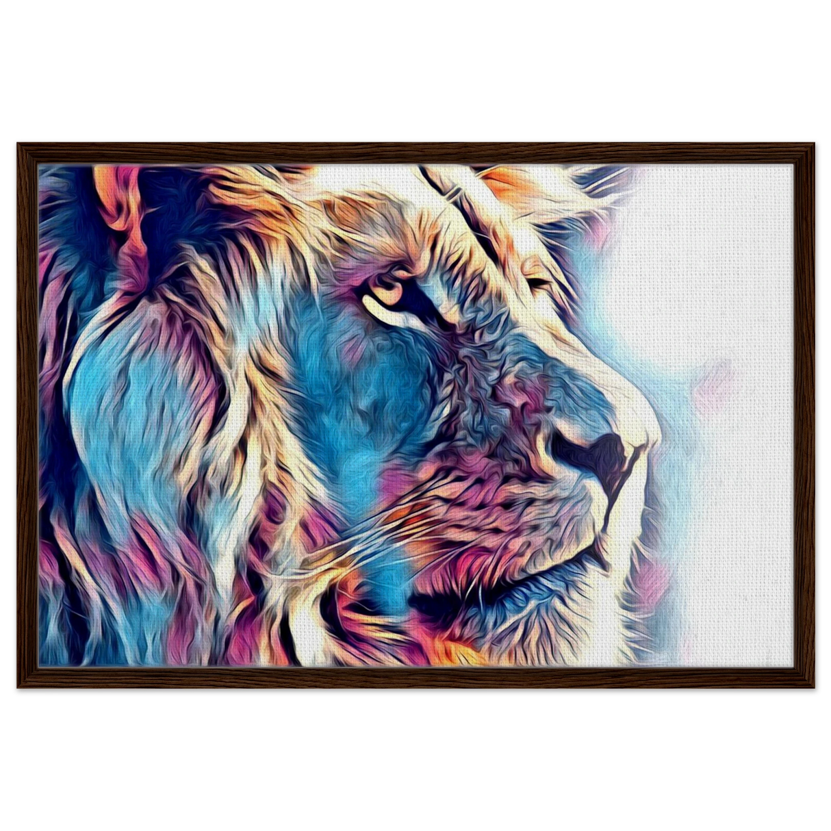 Chromatic King – Vibrant Abstract Lion Wall Art Print - Framed Canvas - 60x90 cm / 24x36″ - Dark wood frame