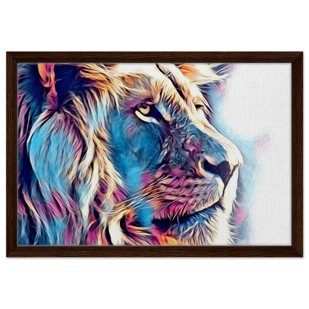 Chromatic King – Vibrant Abstract Lion Wall Art Print - Framed Canvas - 40x60 cm / 16x24″ - Dark wood frame