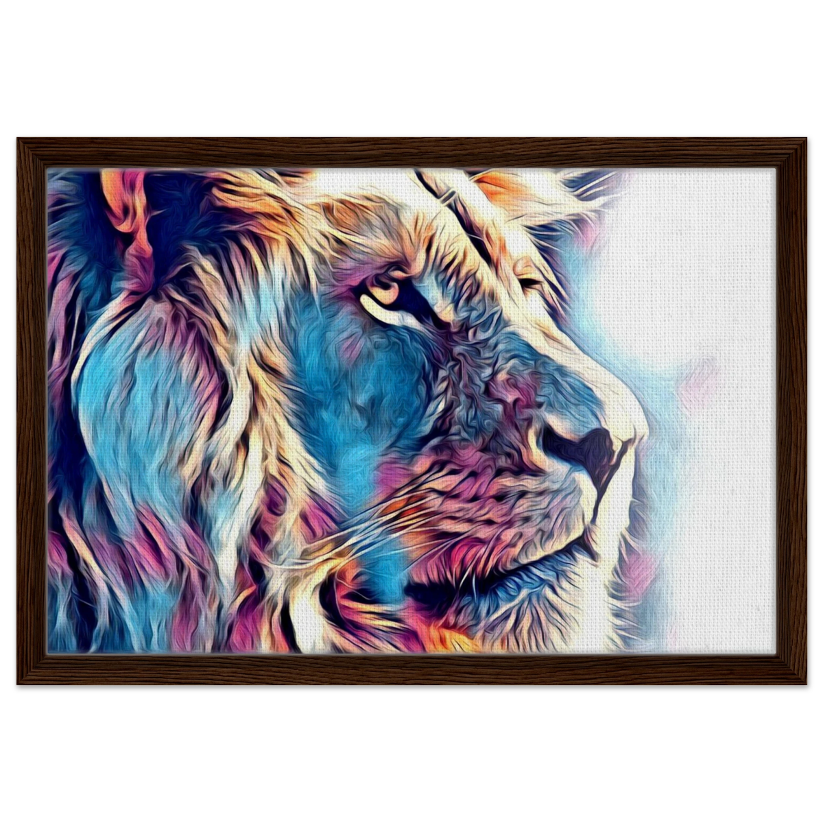 Chromatic King – Vibrant Abstract Lion Wall Art Print - Framed Canvas - 40x60 cm / 16x24″ - Dark wood frame